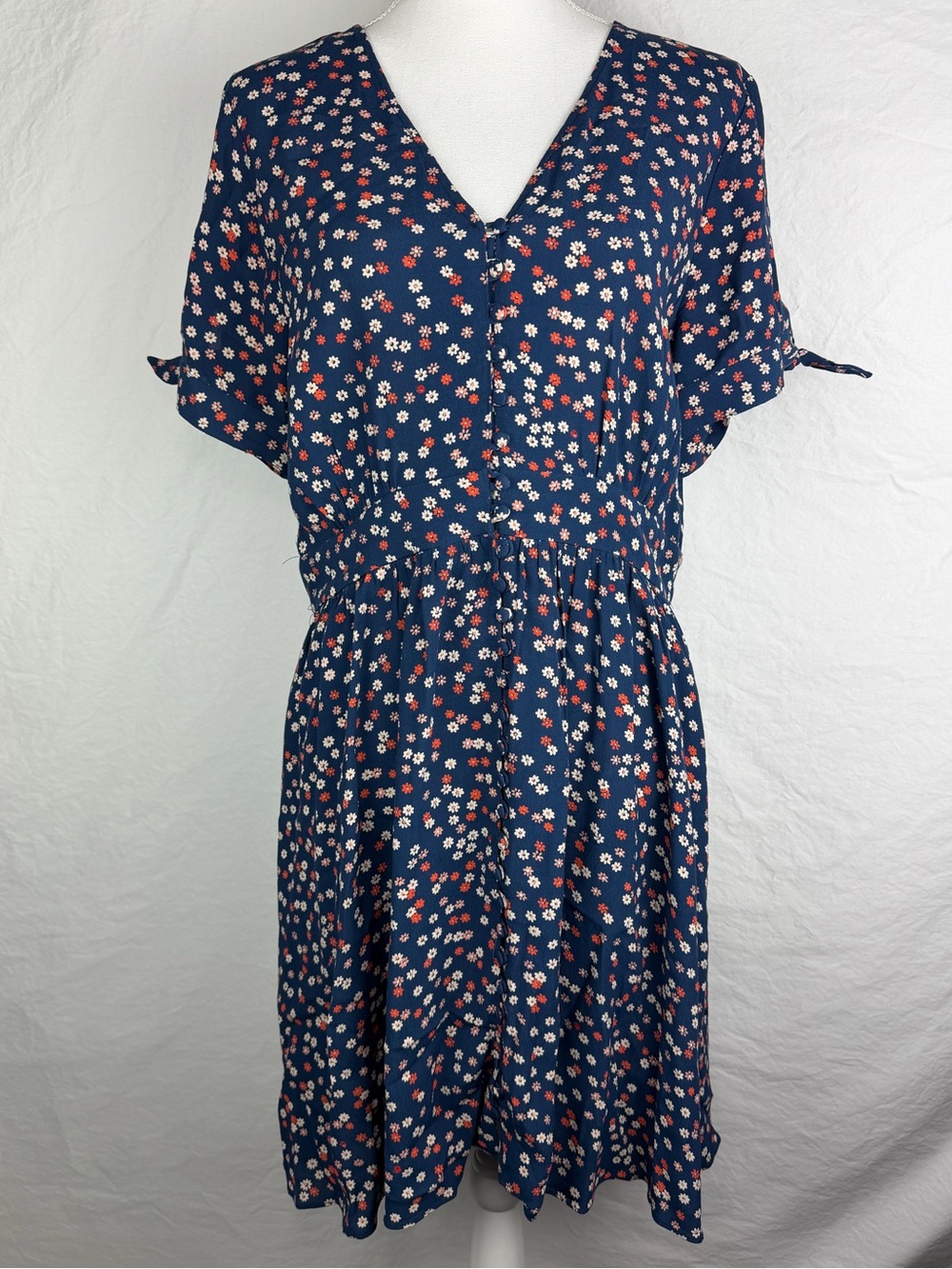 Madewell-A Line-V Neck-Blue Floral Dress-Zip Closure-Full Button Up Front-Sz 10